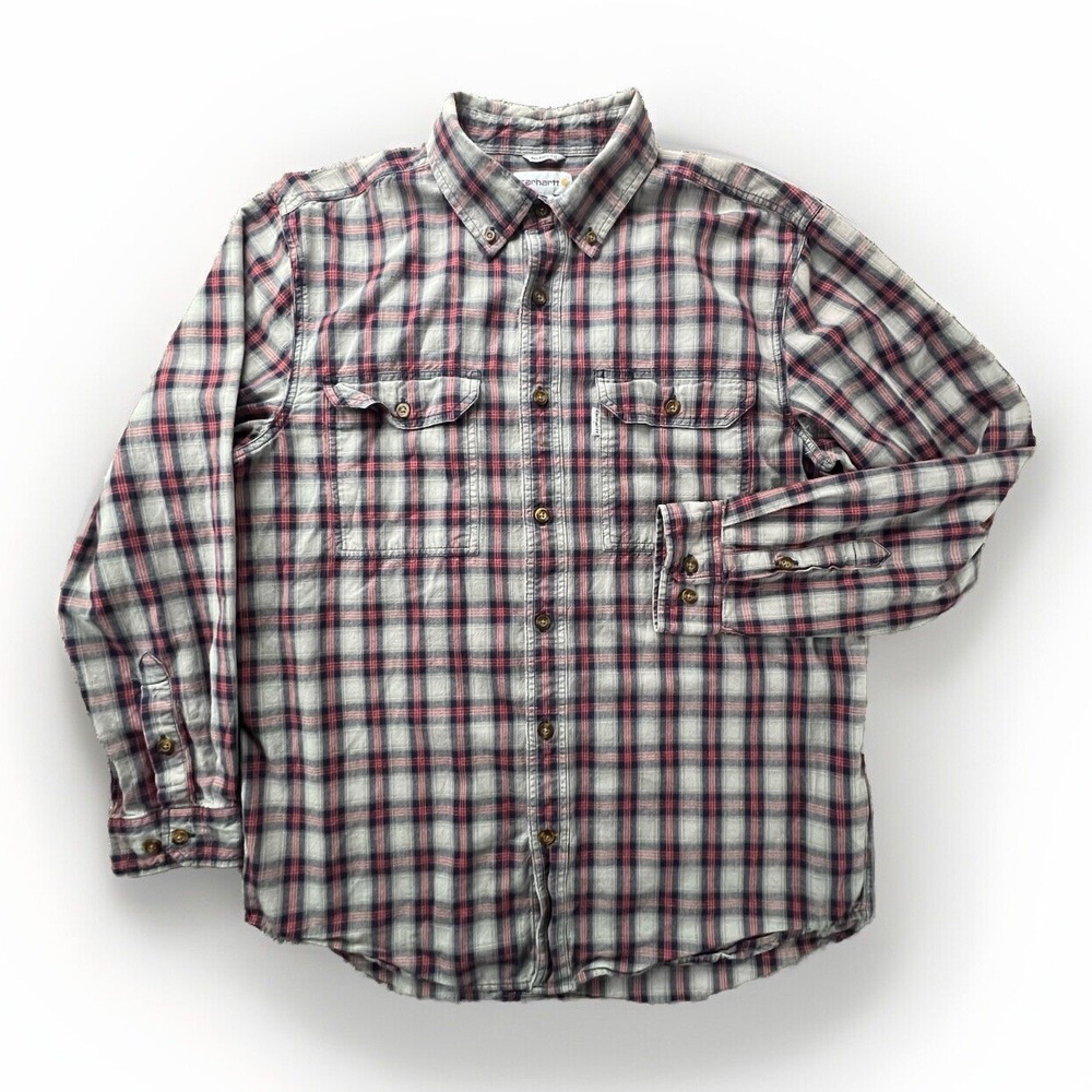 Carhartt Button Down Shirt Mens Large Grey Red Plaid Relaxed Fit Cotton Utility